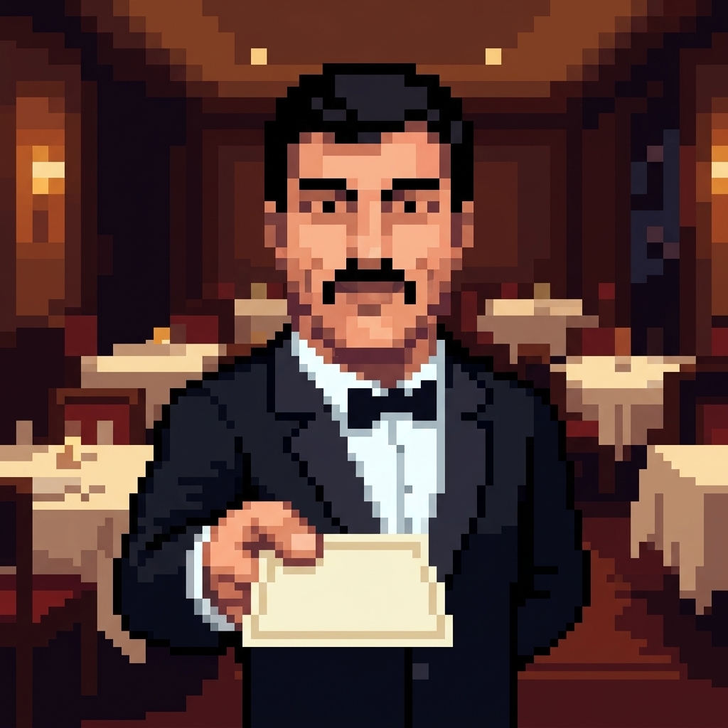 Pixel-art maitre d' in a tuxedo holding out a blank dinner invitation card in a dim restaurant.