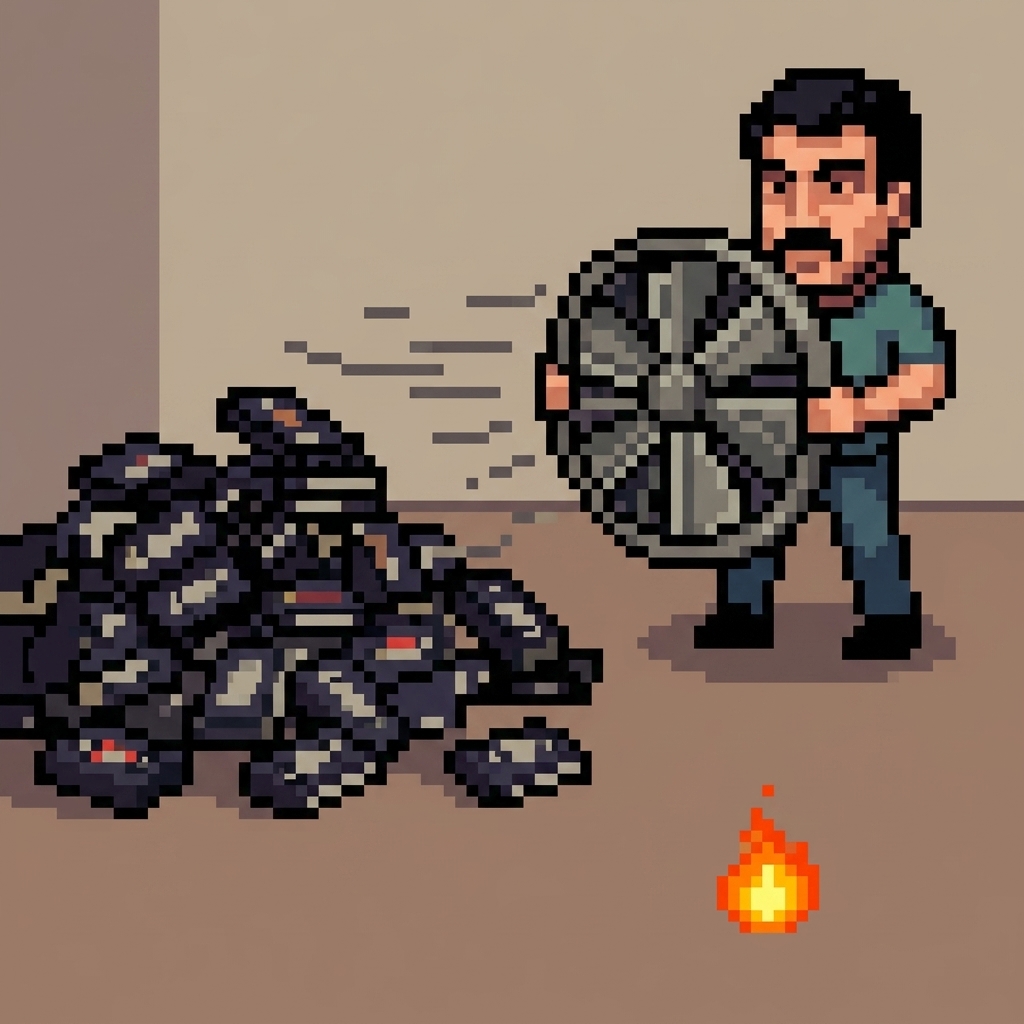 Pixel-art scene of a man pointing a giant fan at a pile of dead embers while a tiny lone flame burns on the floor across the room.