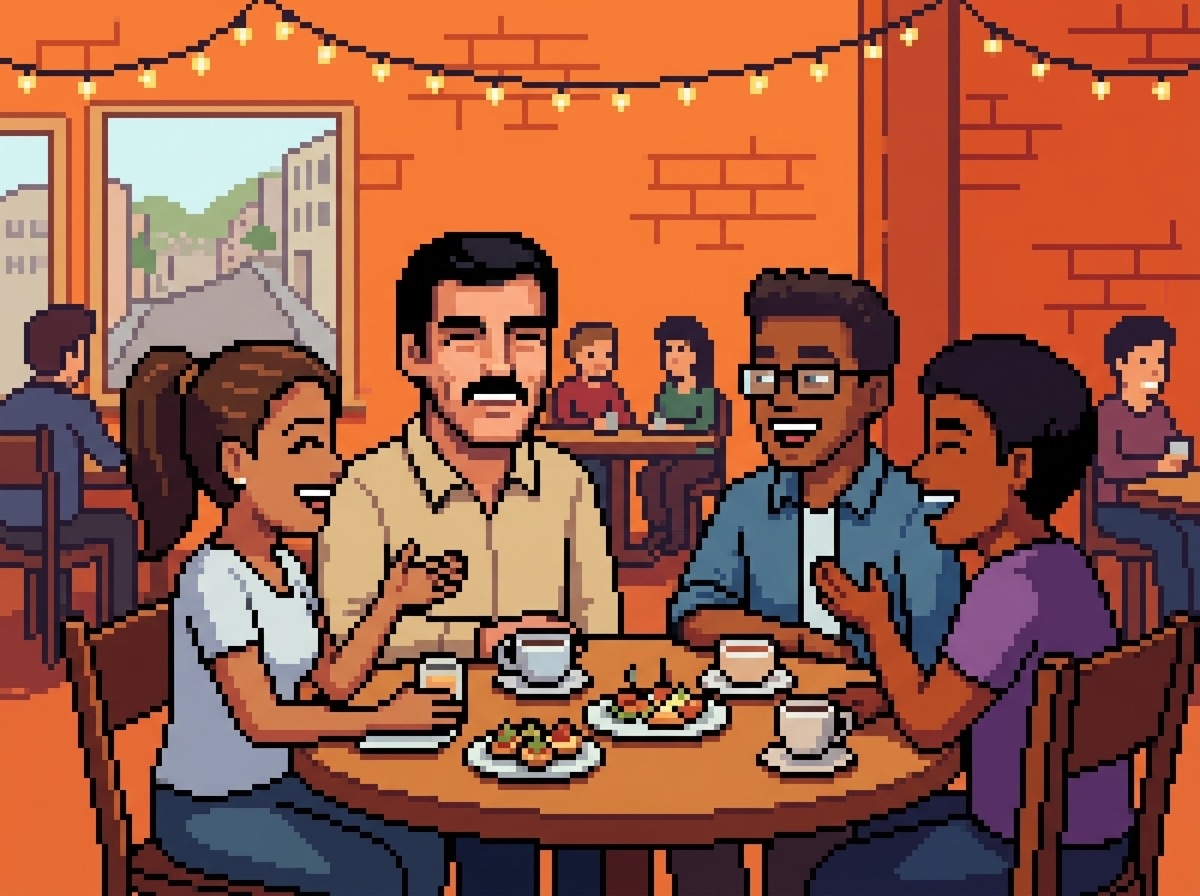 Pixel-art scene of people talking around a round restaurant table with appetizers and coffee under string lights.