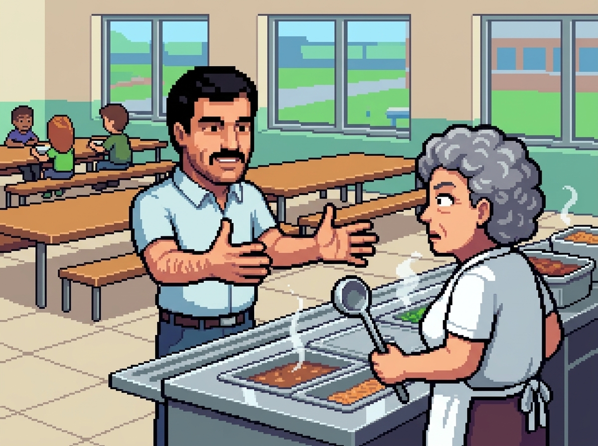 Pixel-art scene of a man at a school cafeteria counter gesturing wide-hands to the lunch lady.