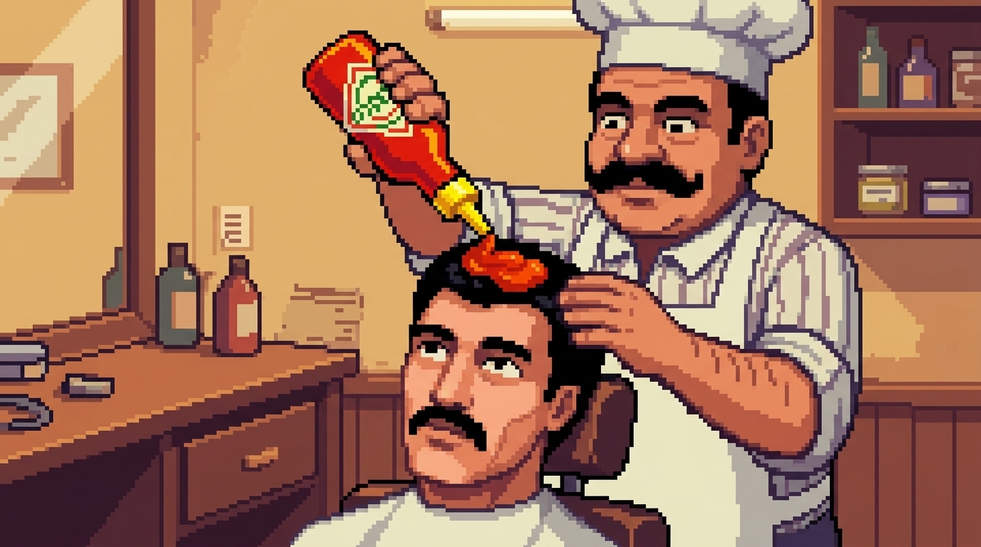 Pixel-art scene of a mustachioed chef pouring sauce on a man sitting in a barber chair.