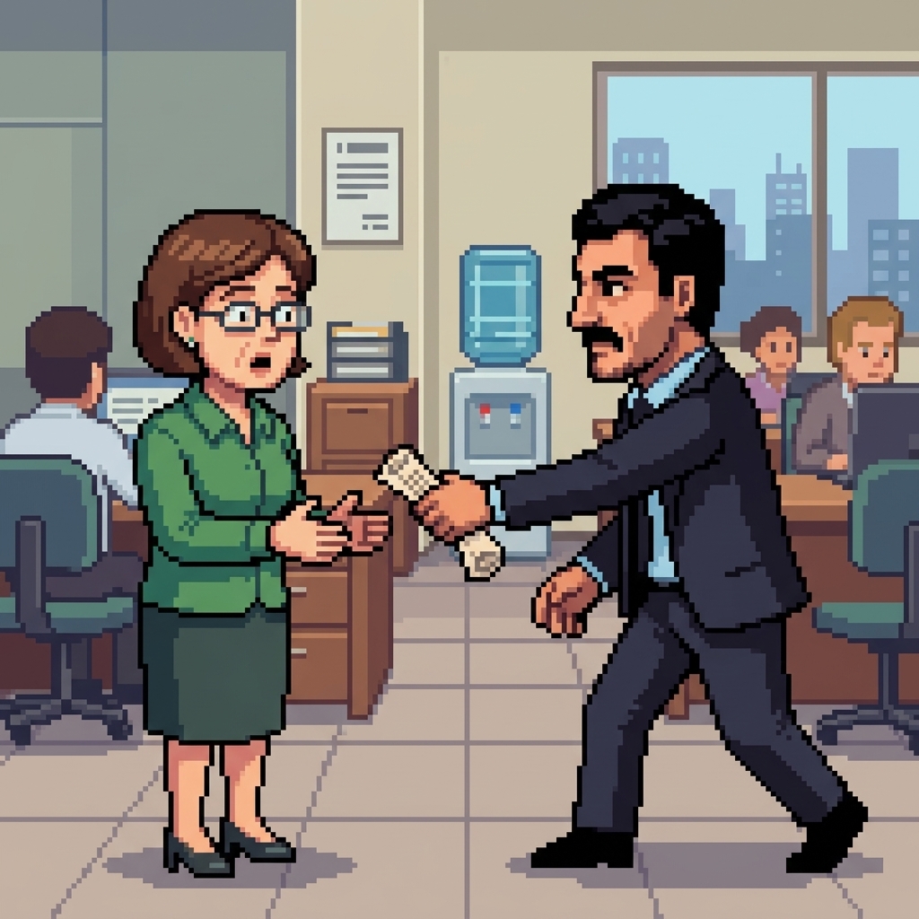 Pixel-art scene of a man in a suit striding across an office to hand a marked-up contract to a colleague.